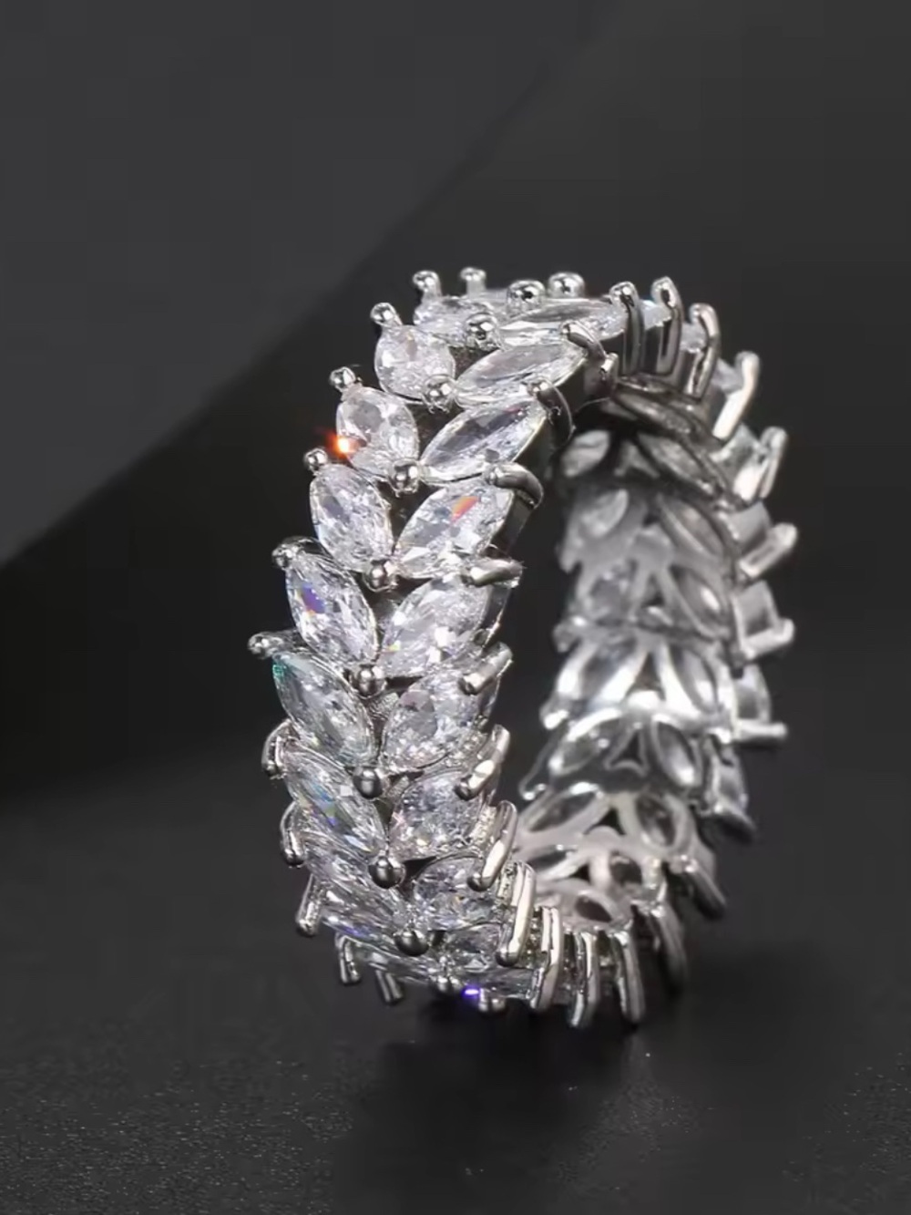 White Gold Plated Marquise CZ Eternity Ring - Sparkling White Crystal Band